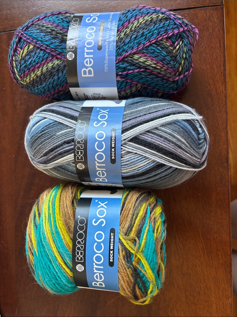 Berroco Sox Multicolor Yarn Trio - Teal, Gray, Black, Yellow Accents